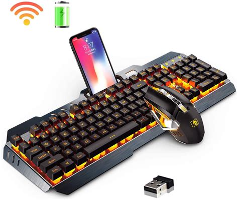 Wireless Gaming Keyboard and Mouse Combo,Orange LED Backlit Rechargeable PC Gaming Keyboard ...