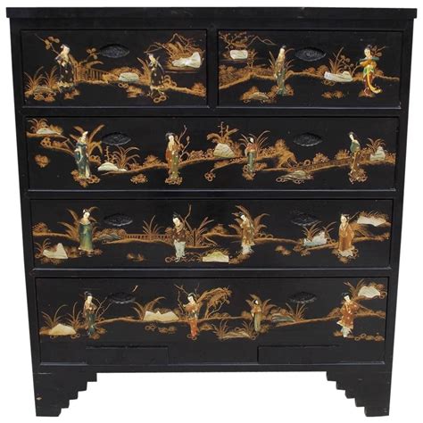 Chinese Black Lacquered and Stenciled Graduated Five Drawer Chest. 20th Century | Decorative ...