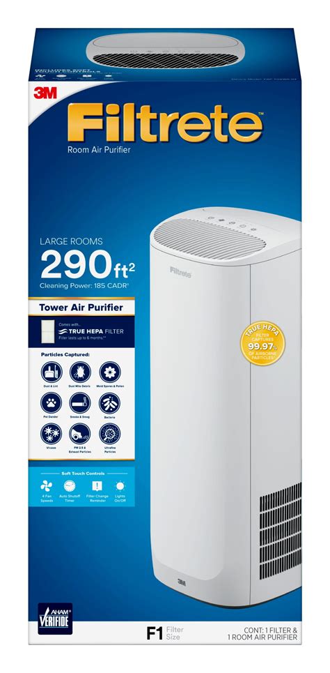 Filtrete by 3M Room Air Purifier, Large Room Tower, 290 Sq ft Coverage, White, True HEPA Filter ...