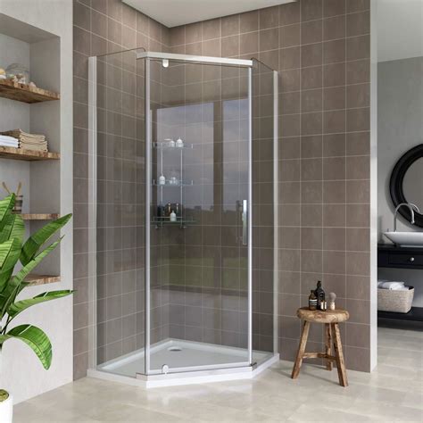 ELEGANT 900x900mm Semi-Frameless Pivot Pentagonal Shower Enclosure with Tray 8mm Tempered Glass ...