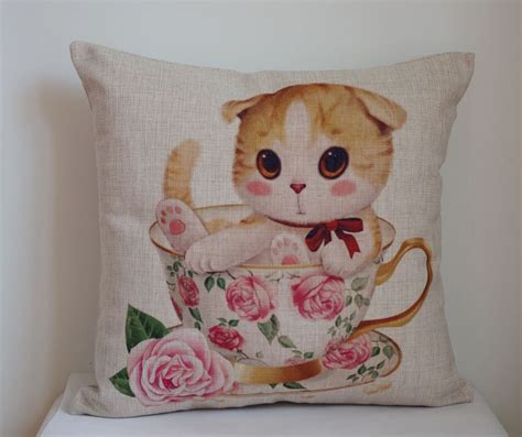 Cute cat pillow cover Cotton Linen cute cat pillow cover