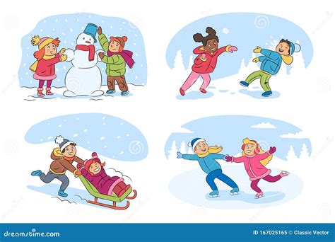 Kids Winter Activities Cartoon Illustrations Set Stock Vector ...