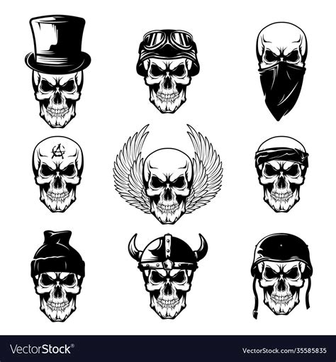 Different skull tattoo flat icon set Royalty Free Vector