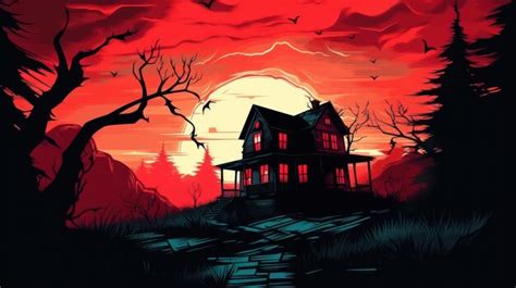 Premium AI Image | Illustration of a haunted house in shades of light red Halloween fear horror