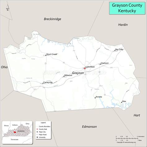 Map of Grayson County, Kentucky showing cities, highways & important places. Check Where is ...