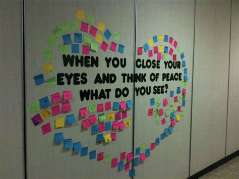 When you close your eyes and think of peace, what do you see? Bulletin board. Library ...