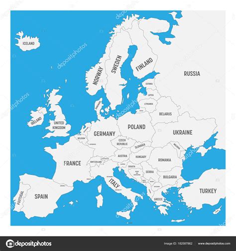 Map of Europe with names of sovereign countries, ministates included. Simplified black vector ...