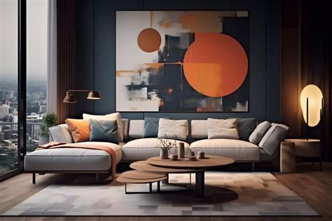 Premium AI Image | Interior of modern living room with grey walls wooden floor gray sofa with ...