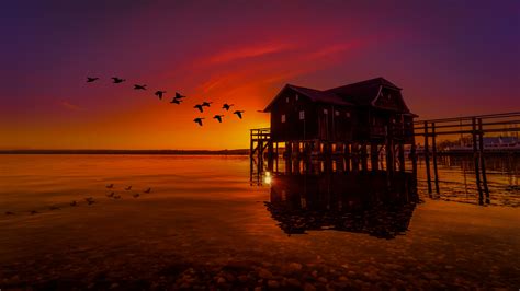 Lake House On Pier Birds Flying Sunset Scenery, HD Nature, 4k Wallpapers, Images, Backgrounds ...