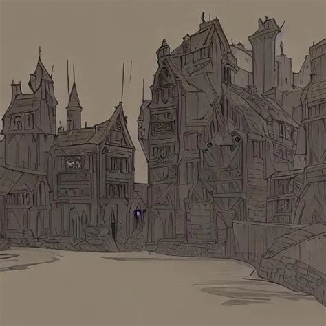 Medieval town, sketch, single color on a parchment. 4k