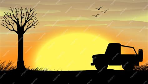 Free Vector | Silhouette sunset scene with a truck