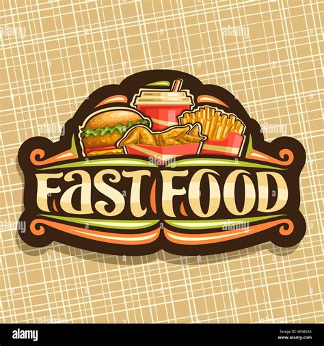 Vector logo for Fast Food, signboard with set of fresh chickenburger with fried cutlet and salad ...