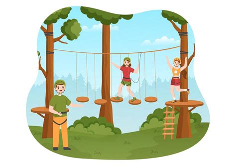 Zip Line Illustration with Visitors Walking on an Obstacle Course and ...