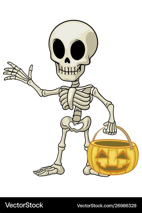 Skeleton cartoon mascot hold halloween pumpkin Vector Image