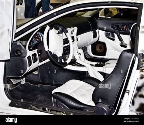 Car interior. Black and white salon Stock Photo - Alamy