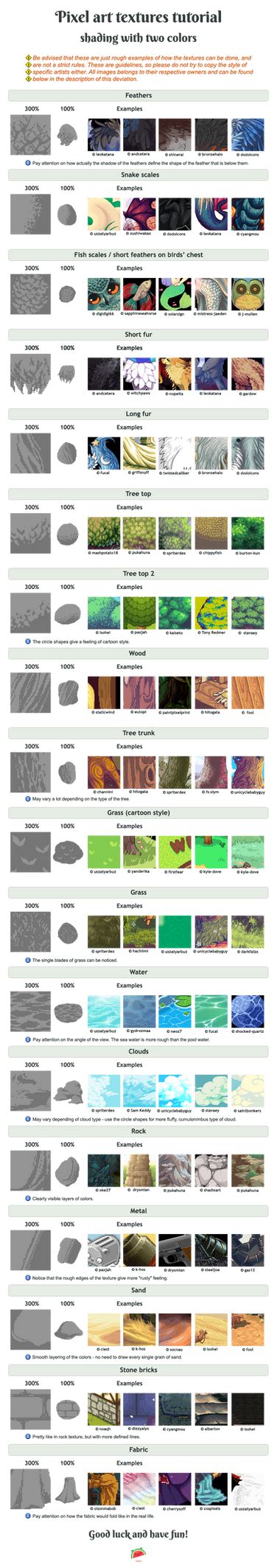 Pixel art tutorial - shading / textures + examples by UszatyArbuz on DeviantArt