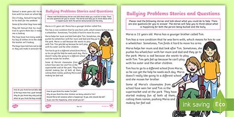 Bullying Problems Stories and Questions 3 Worksheet - Twinkl