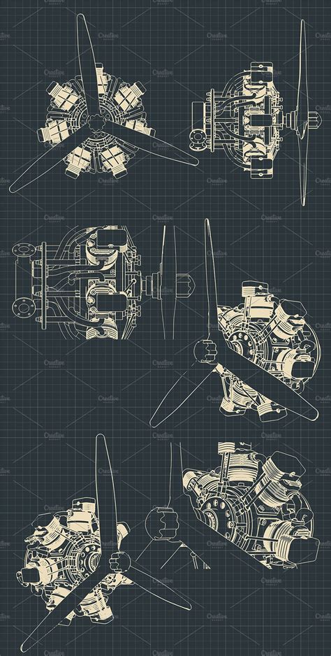 Radial engine blueprints Set | Technology Illustrations ~ Creative Market