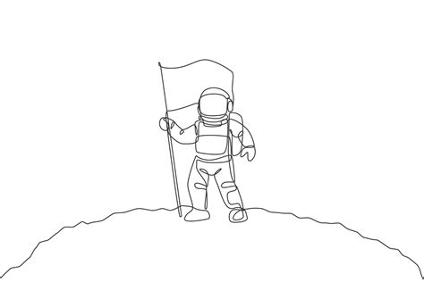 One single line drawing of space man astronaut exploring moon surface ...