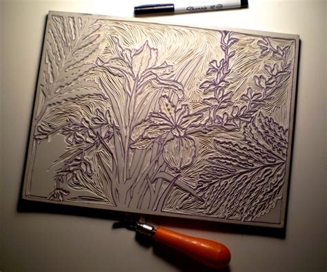 Kathleen Fiske Art: In-process Soft Cut Linoleum Print