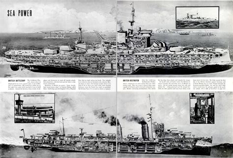 Cutaway views of the HMS Warspite (31,000 Ton Battleship) and HMS Wallace (1,480 Ton Destroyer ...