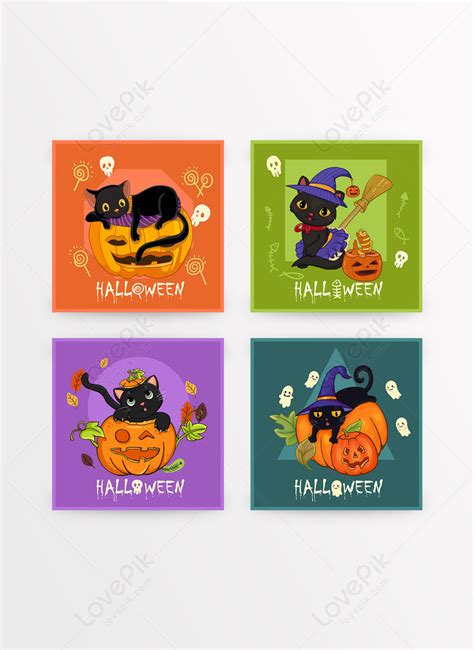 Halloween funny black cat cartoon greeting card set illustration ...