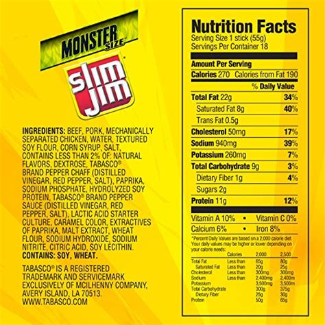 Slim Jim Monster Original Nutrition Facts - Nutrition Pics