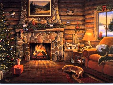 Winter Cabin Wallpaper - Christmas Fireplace Log Cabin (#1389337) - HD Wallpaper & Backgrounds ...