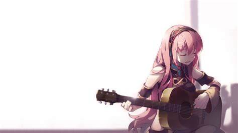 Pink haired anime girl playing guitar illustration, anime girls, Megurine Luka, Vocaloid, guitar ...