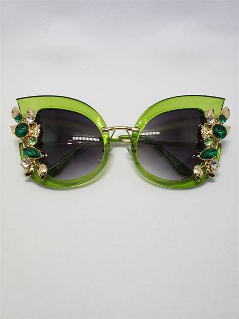 Luxury Green Cat Eye Sunglasses w/ Jewel Design • We Be Trippin' Travel