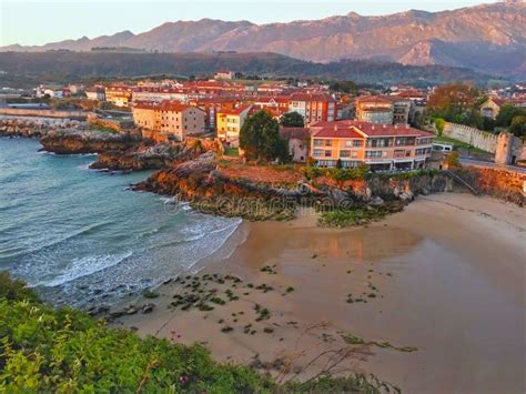 Llanes Beach Aerial View, Spain Stock Image - Image of green, sand ...