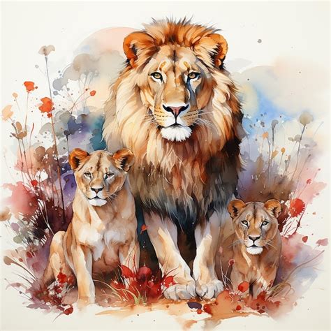 Premium Photo | Illustrate a watercolor scene featuring a lion family