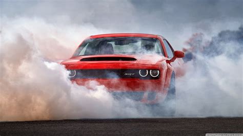 car, dust, smoke, Dodge Challenger SRT, Dodge Challenger Hellcat, Burnout, red cars HD Wallpaper