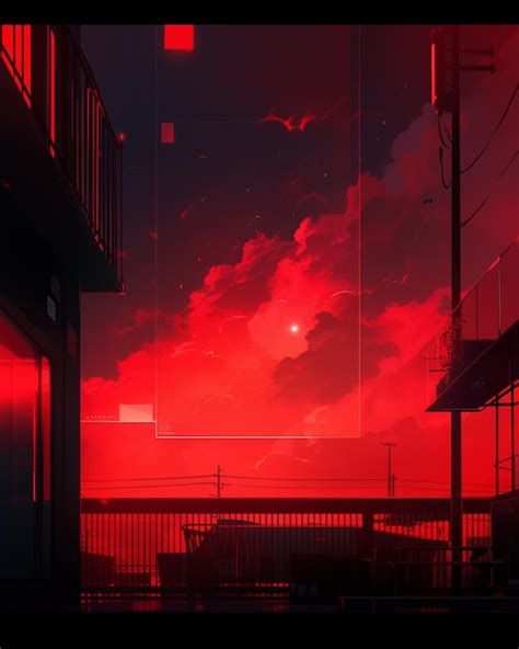 Premium AI Image | Anime scene of a red sky with a train passing by ...