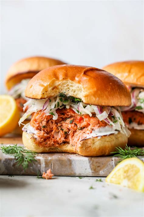 Salmon Burgers with Lemon-Caper Spread and Fennel Slaw - Dishing Out Health