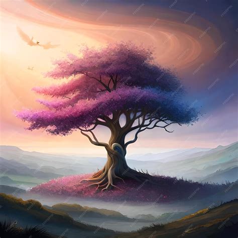 Premium Photo | A painting of a tree with a purple tree in the foreground.