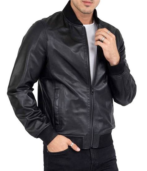 Mens Casual Lambskin Leather Black Bomber Jacket - Jackets Masters