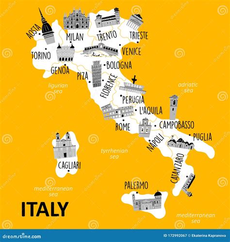 Stylized Map of Italy with Main Attractions and Landmarks. Vector ...