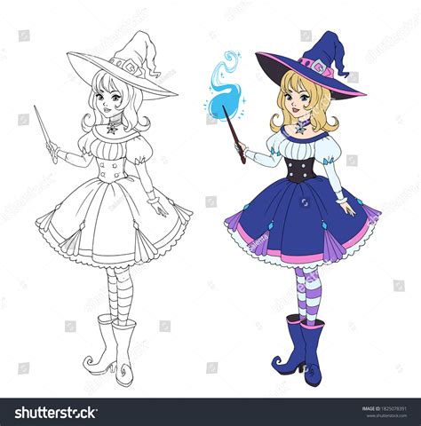 Beautiful Anime Witch Holding Magic Wand Stock Vector (Royalty Free ...