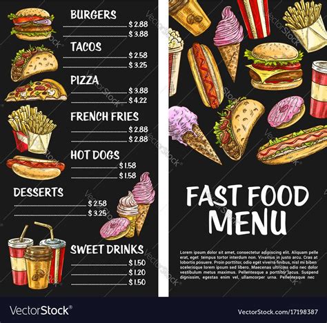 Fast food menu template. Vector price set for fastfood meals and burger sandwiches, pizza or hot ...