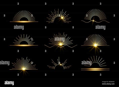 Vector Sun set of linear boho icons and symbols, gold sun logo design templates, abstract design ...