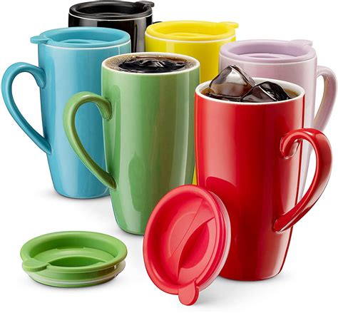 MITBAK 6-Pack Ceramic Coffee Mug Set with Lids (16-Ounce) | Large Colored Insulated Tumbler Mugs ...