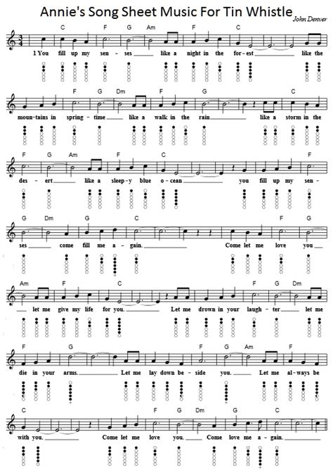 Annie's Song Sheet Music For Tin Whistle - Irish folk songs