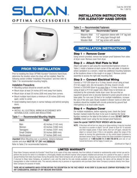 Installation Instructions for XLERATOR Hand Dryer