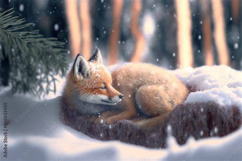 Red fox baby on snow close up. Vulpes vulpes cub in forest. AI generative Stock Illustration ...