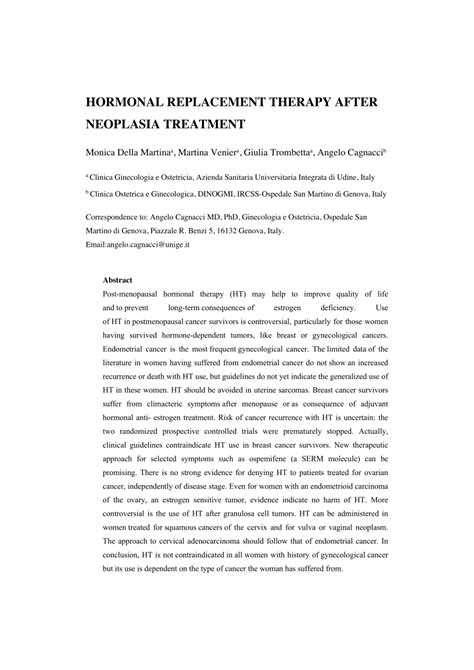 (PDF) Hormonal Replacement Therapy After Neoplasia Treatment