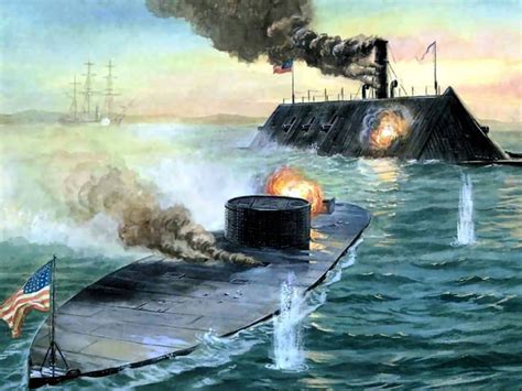 The first battle of Ironclad Warships, USS Monitor vs. CSS Virginia (formerly the USS Merrimack ...