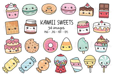 Kawaii Sweets clipart set - 34 cute food images (520385) | Illustrations | Design Bundles