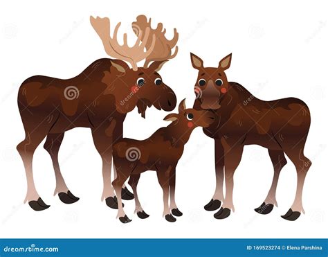 Cute Cartoon Moose Family Vector Image. Male and Female Mooses with Little Moose. Forest Animals ...