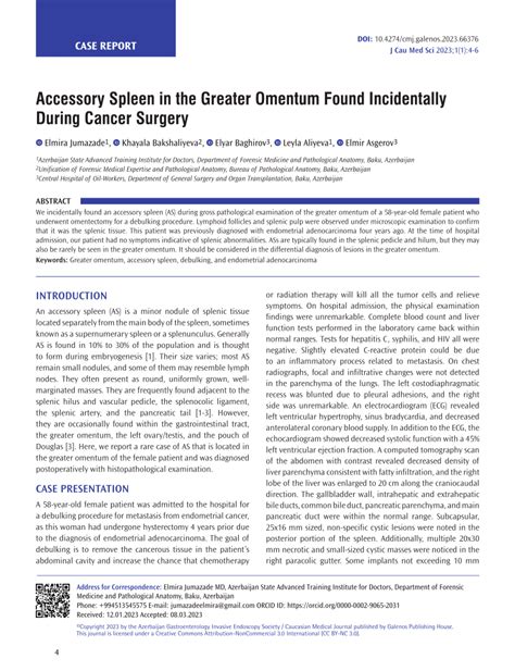 (PDF) Accessory Spleen in the Greater Omentum Found Incidentally During Cancer Surgery